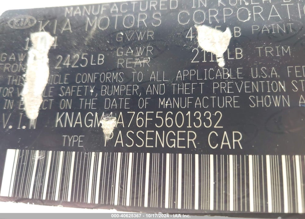 2015 KIA OPTIMA LX VIN: KNAGM4A76F5601332