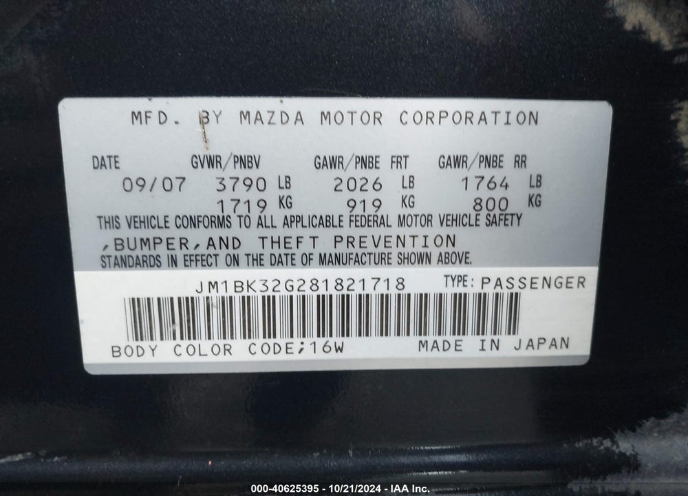 2008 MAZDA 3 I VIN: JM1BK32G281821718