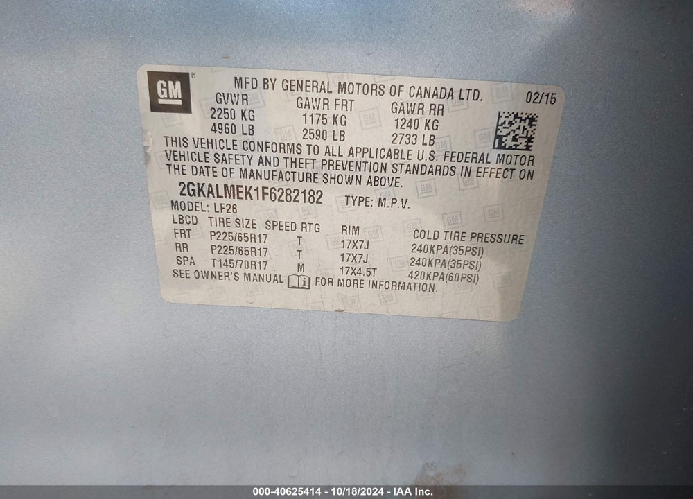 2015 GMC TERRAIN SLE-1 VIN: 2GKALMEK1F6282182