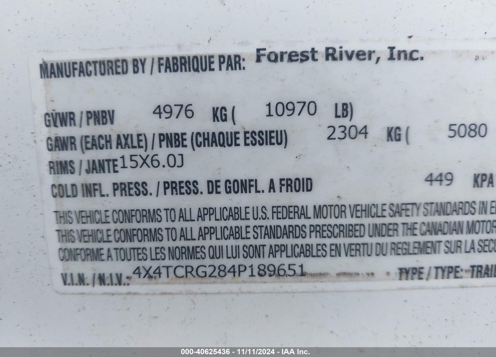 2004 FORE CEDAR CREE VIN: 4X4TCRG284P189651
