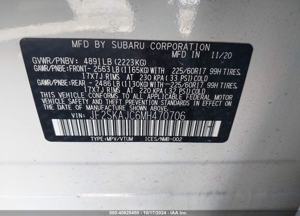 2021 SUBARU FORESTER PREMIUM VIN: JF2SKAJC6MH470706