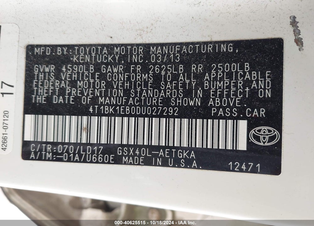 2013 TOYOTA AVALON XLE VIN: 4T1BK1EB0DU027292
