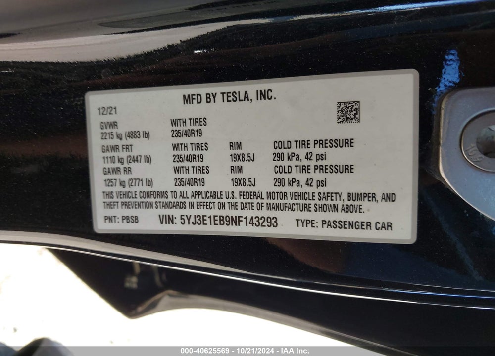 2022 TESLA MODEL 3 LONG RANGE DUAL MOTOR ALL-WHEEL DRIVE VIN: 5YJ3E1EB9NF143293
