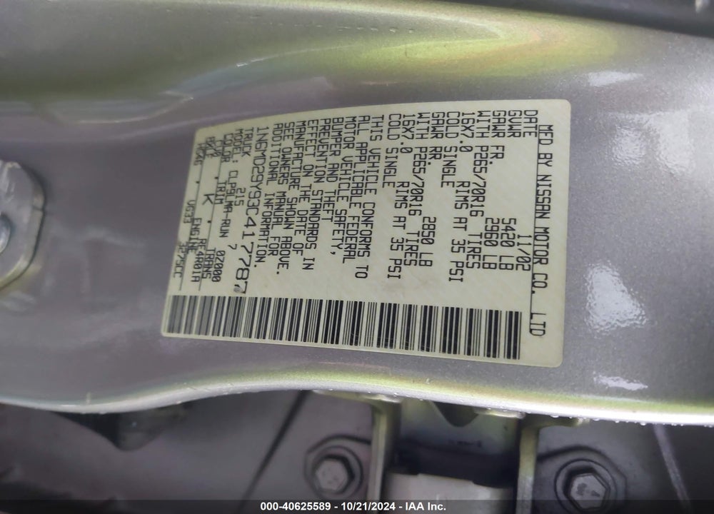 2003 NISSAN FRONTIER SVE-V6 VIN: 1N6MD29Y93C417787