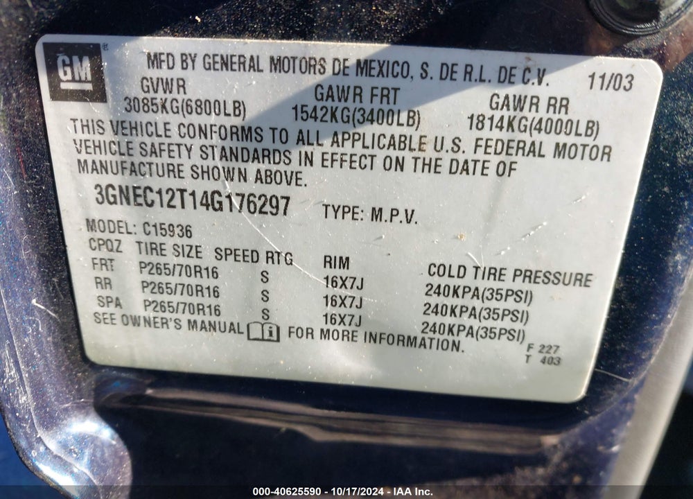 2004 CHEVROLET AVALANCHE 1500 VIN: 3GNEC12T14G176297