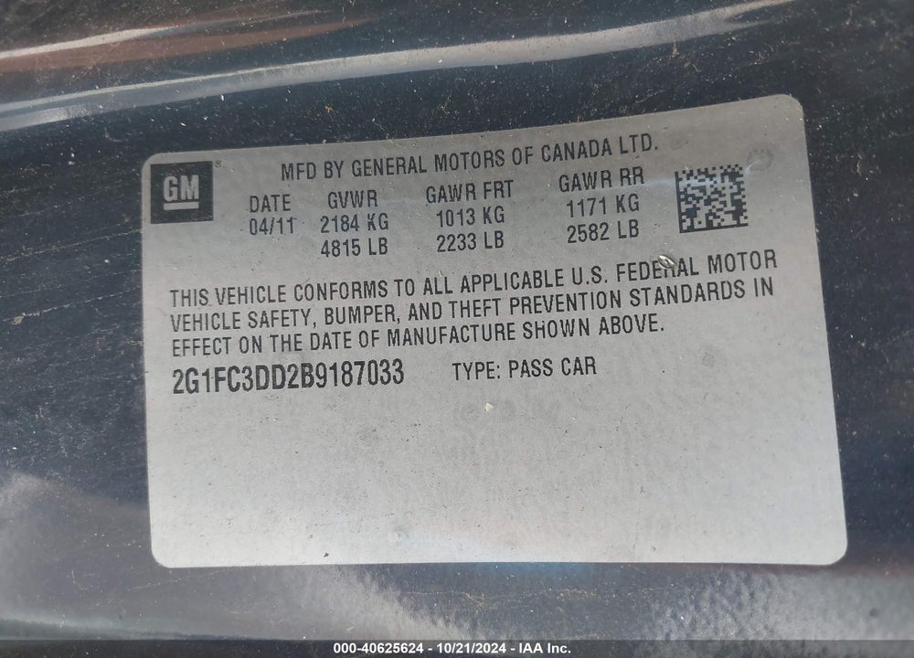 2011 CHEVROLET CAMARO 2LT VIN: 2G1FC3DD2B9187033