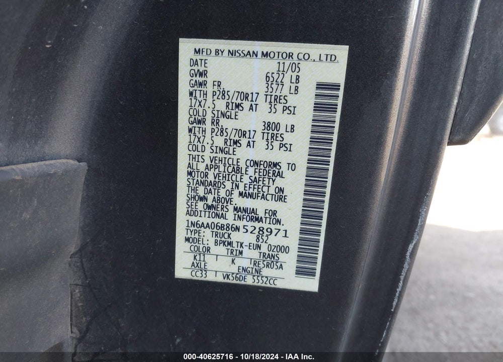 2006 NISSAN TITAN SE VIN: 1N6AA06B86N528971
