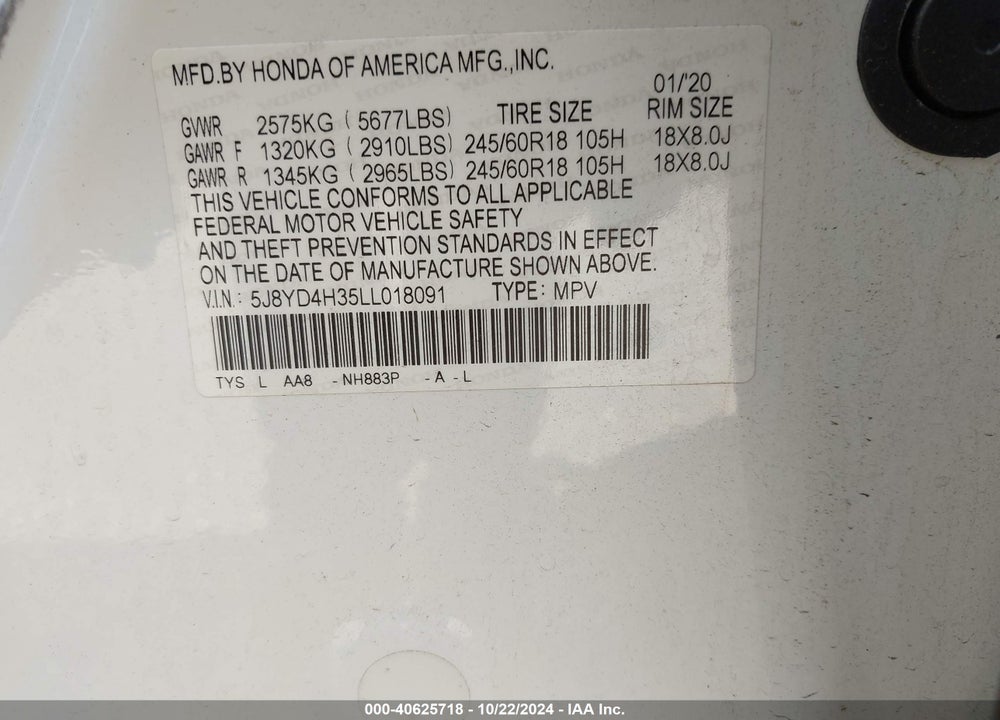 2020 ACURA MDX STANDARD VIN: 5J8YD4H35LL018091