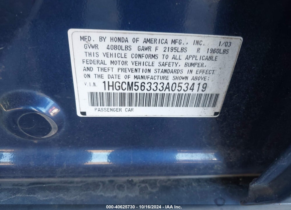 2003 HONDA ACCORD VIN: 1HGCM56333A053419
