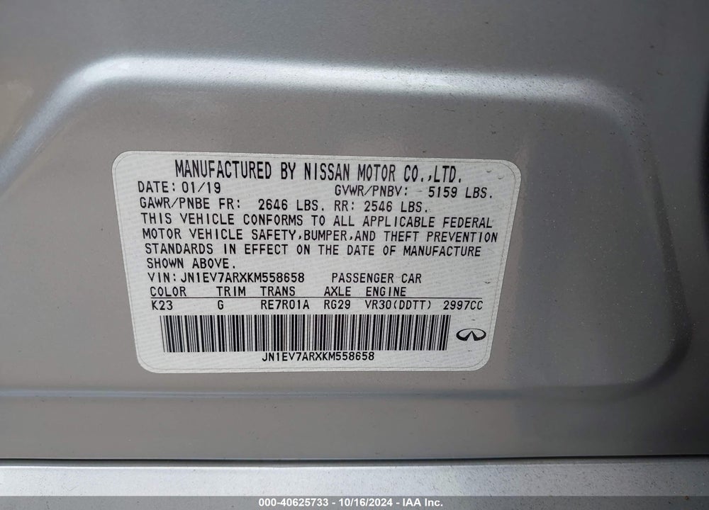 2019 INFINITI Q50 3.0T LUXE VIN: JN1EV7ARXKM558658