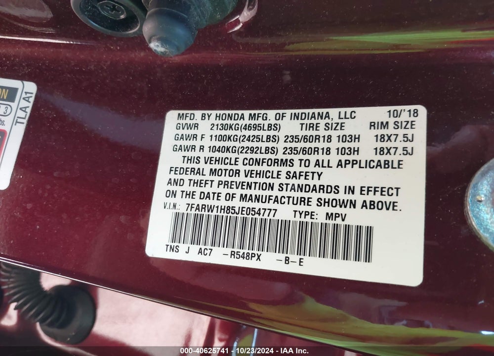 2018 HONDA CR-V EX-L/EX-L NAVI VIN: 7FARW1H85JE054777