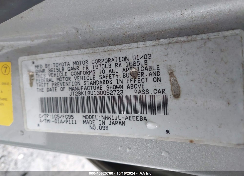 2003 TOYOTA PRIUS VIN: JT2BK18U130082723