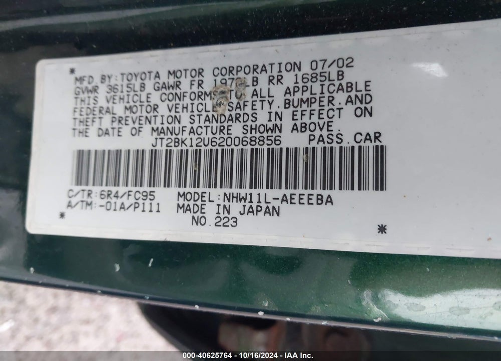 2002 TOYOTA PRIUS VIN: JT2BK12U620068856