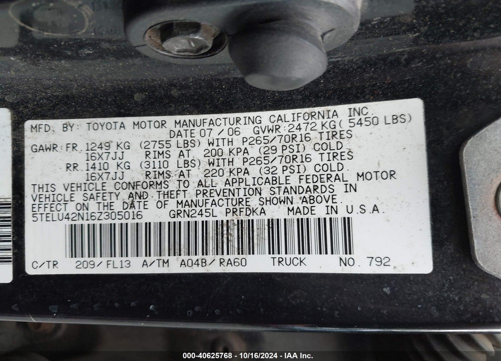 2006 TOYOTA TACOMA BASE V6 VIN: 5TELU42N16Z305016