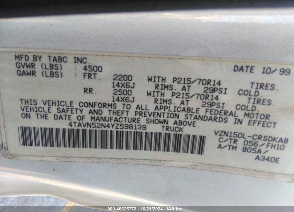 2000 TOYOTA TACOMA BASE V6 VIN: 4TAVN52N4YZ598139