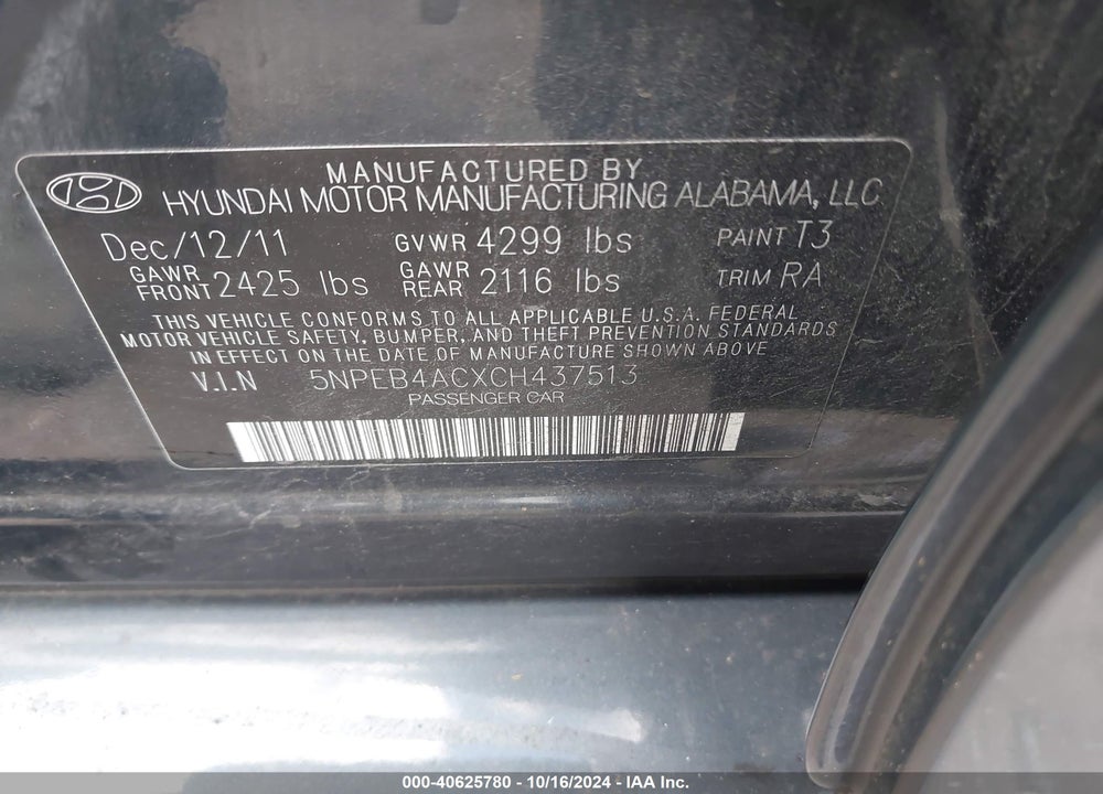 2012 HYUNDAI SONATA GLS VIN: 5NPEB4ACXCH437513