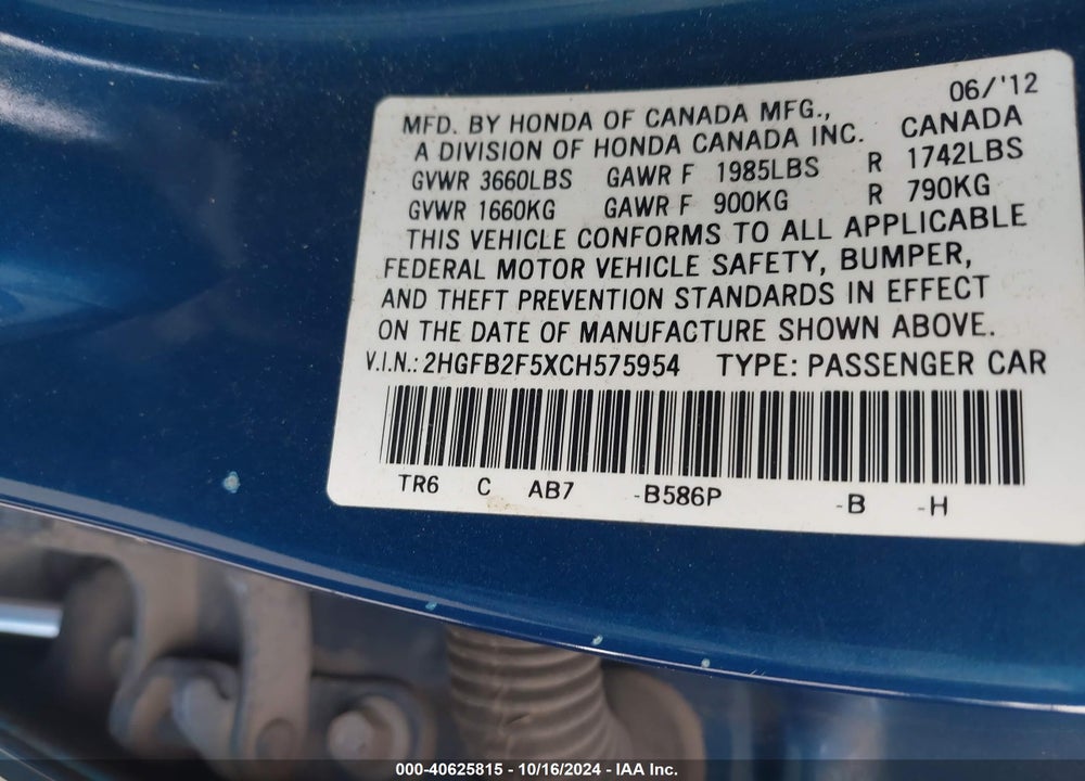 2012 HONDA CIVIC SDN LX VIN: 2HGFB2F5XCH575954