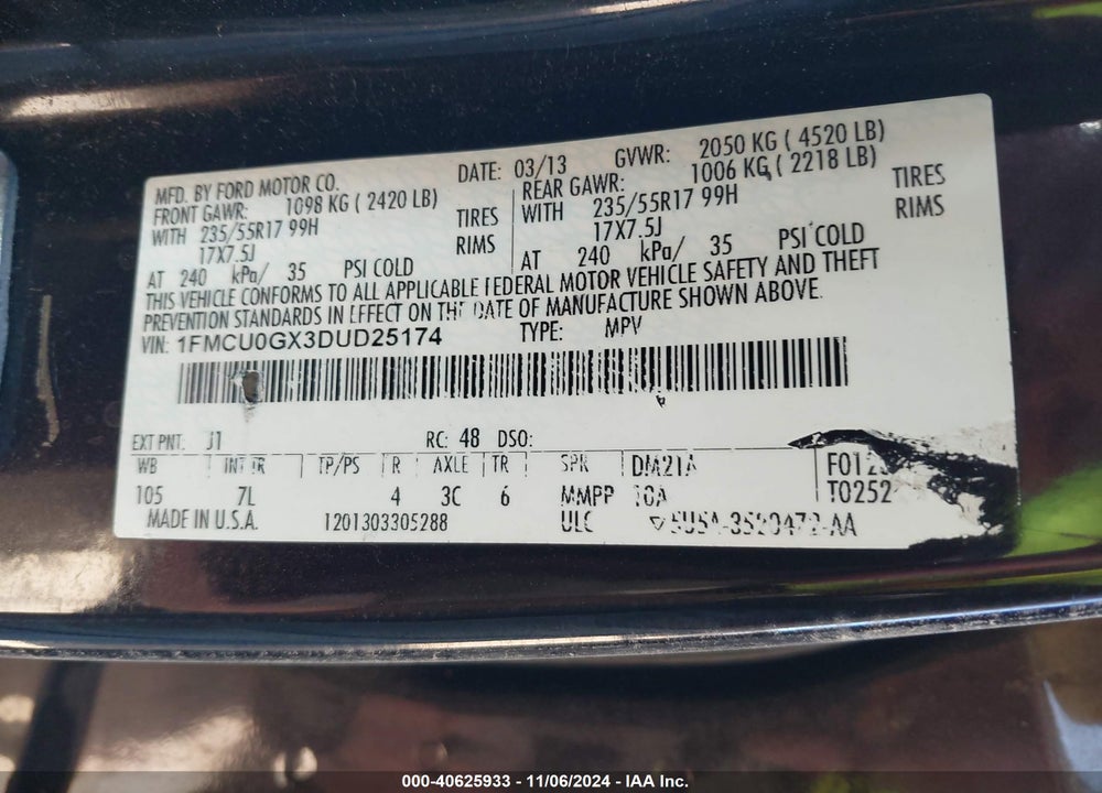2013 FORD ESCAPE SE VIN: 1FMCU0GX3DUD25174