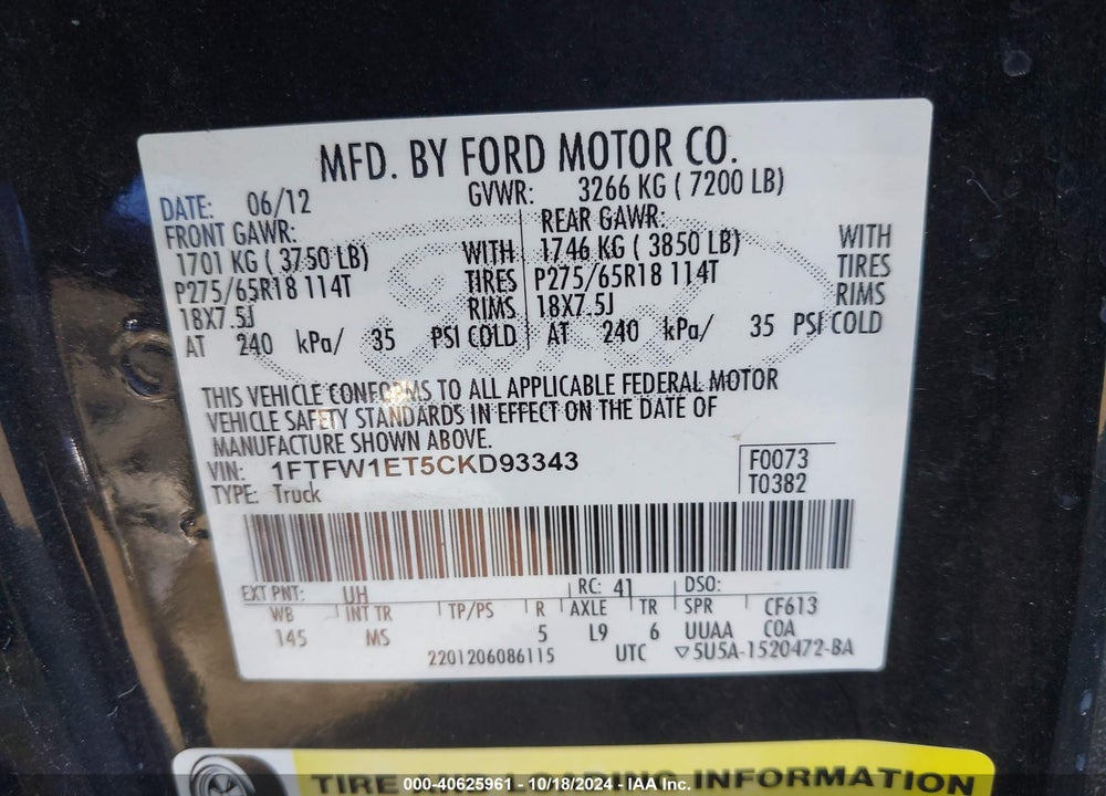 2012 FORD F-150 XLT VIN: 1FTFW1ET5CKD93343