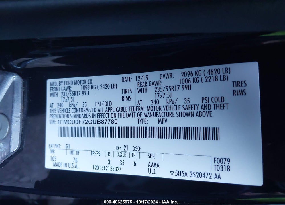 2016 FORD ESCAPE S VIN: 1FMCU0F72GUB87780