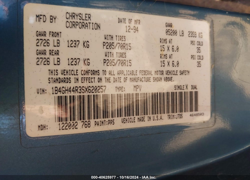 1995 DODGE GRAND CARAVAN SE VIN: 1B4GH44R3SX620257