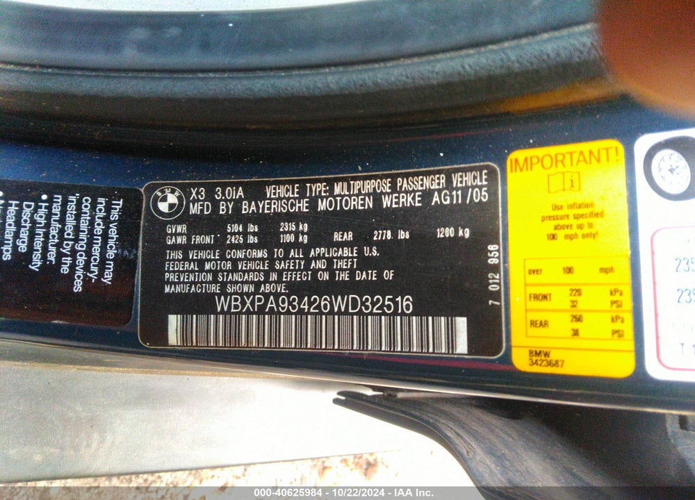2006 BMW X3 3.0I VIN: WBXPA93426WD32516