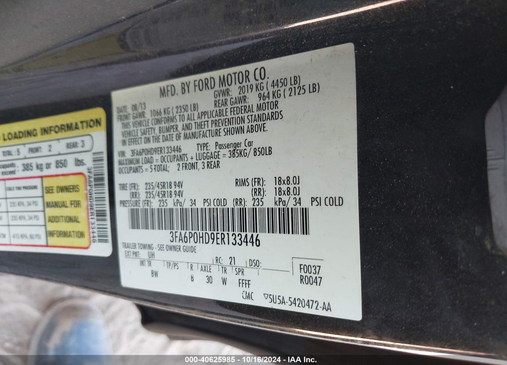 2014 FORD FUSION SE VIN: 3FA6P0HD9ER133446
