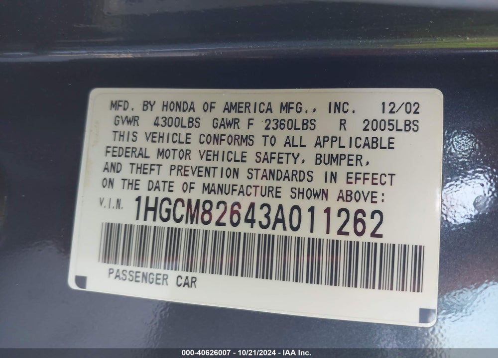 2003 HONDA ACCORD 3.0 EX VIN: 1HGCM82643A011262