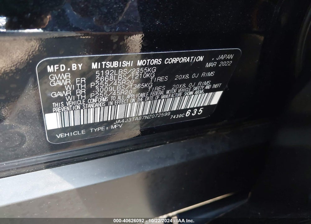 2022 MITSUBISHI OUTLANDER ES 2.5 2WD VIN: JA4J3TA87NZ072599