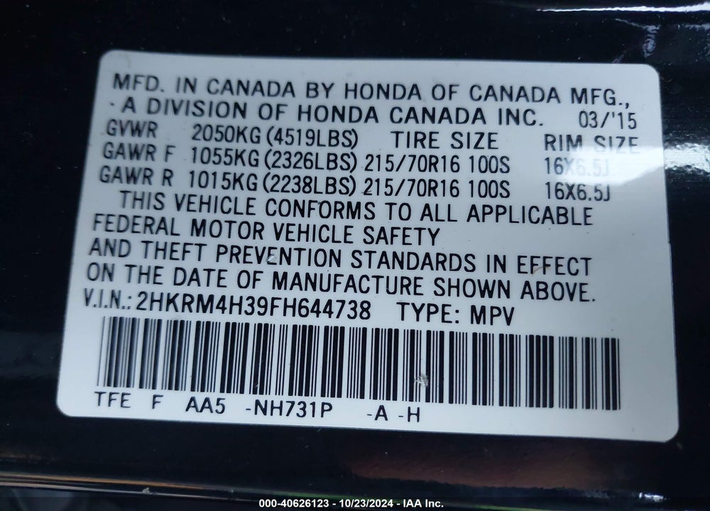2015 HONDA CR-V LX VIN: 2HKRM4H39FH644738