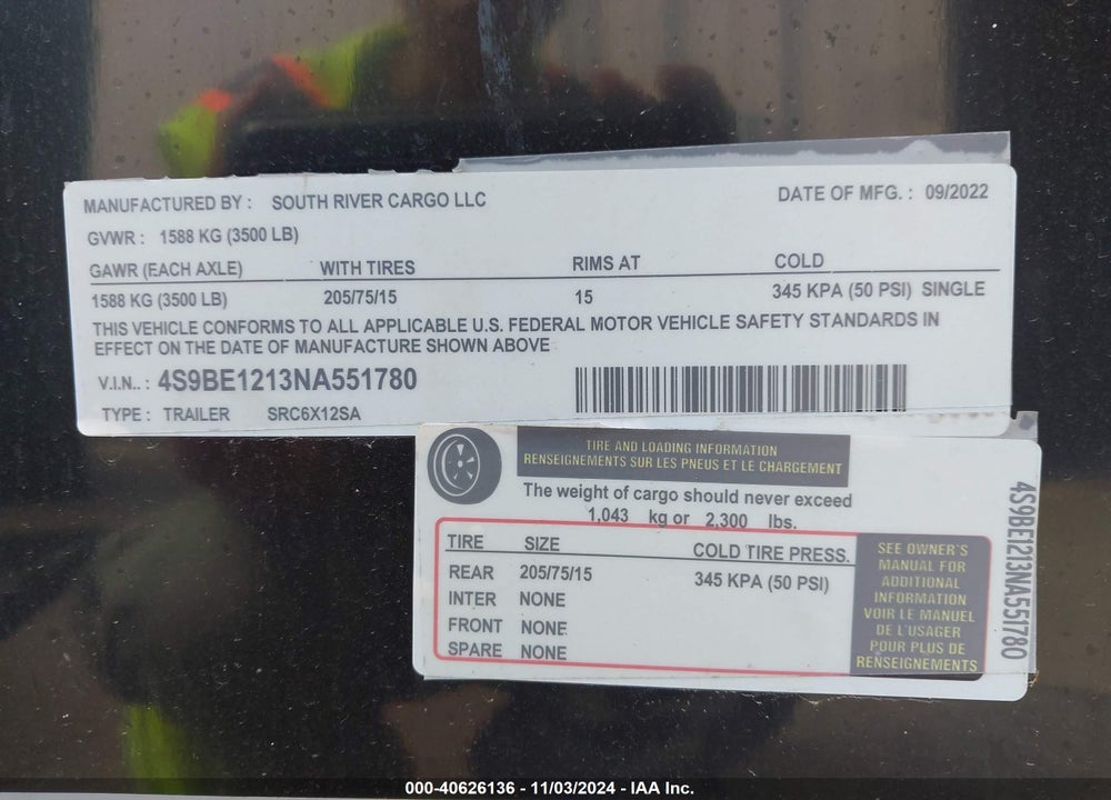 2022 SOUTH RIVER CARGO ENCLOSED TRAILER VIN: 4S9BE1213NA551780