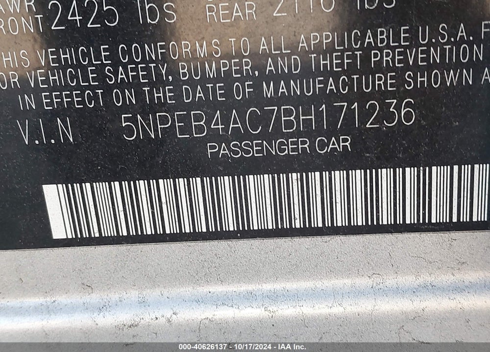 2011 HYUNDAI SONATA GLS VIN: 5NPEB4AC7BH171236