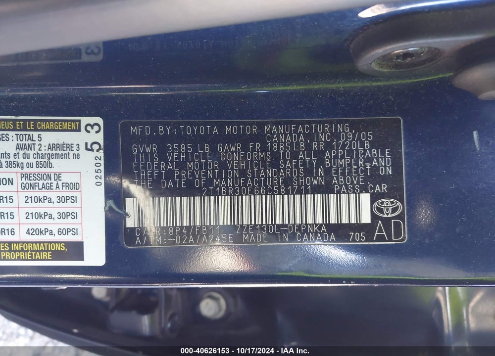 2006 TOYOTA COROLLA LE VIN: 2T1BR30E66C581711