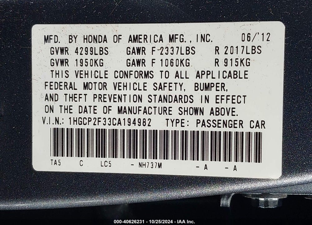 2012 HONDA ACCORD 2.4 LX VIN: 1HGCP2F33CA194982