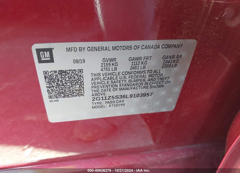 2020 CHEVROLET IMPALA FWD LT VIN: 2G11Z5S36L9103957