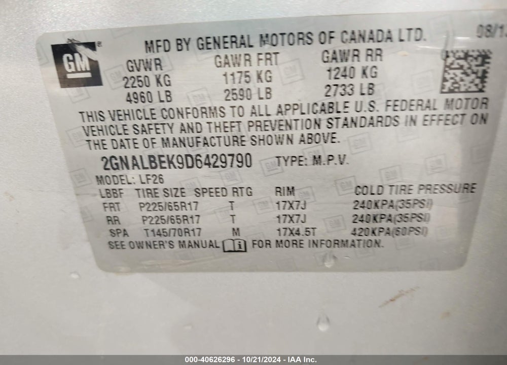 2013 CHEVROLET EQUINOX LS VIN: 2GNALBEK9D6429790