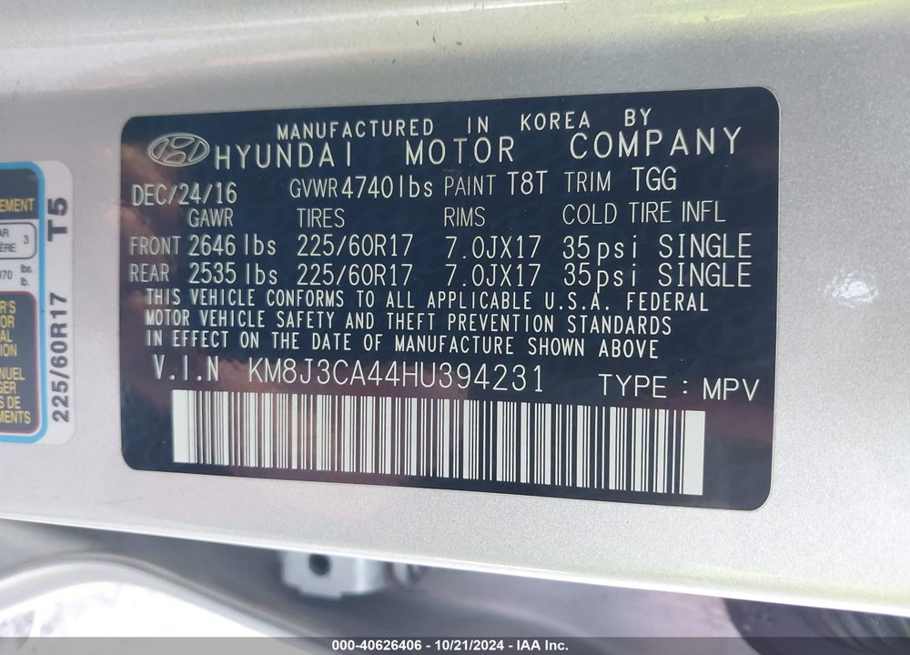 2017 HYUNDAI TUCSON SE VIN: KM8J3CA44HU394231