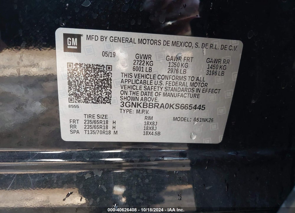 2019 CHEVROLET BLAZER VIN: 3GNKBBRA0KS665445