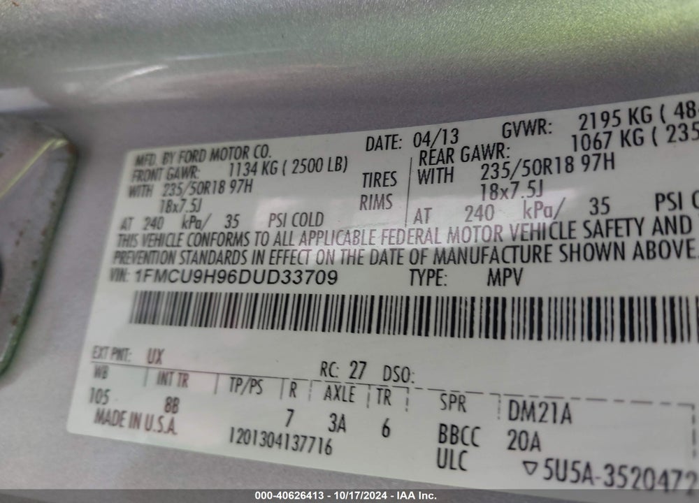 2013 FORD ESCAPE SEL VIN: 1FMCU9H96DUD33709