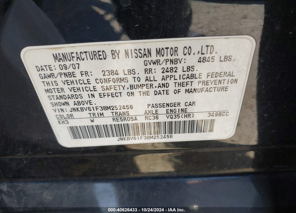 2008 INFINITI G35X VIN: JNKBV61F38M252456