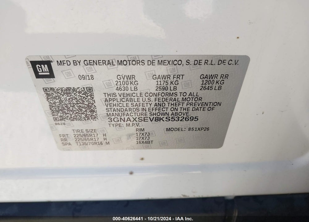 2019 CHEVROLET EQUINOX LS VIN: 3GNAXSEV8KS532695