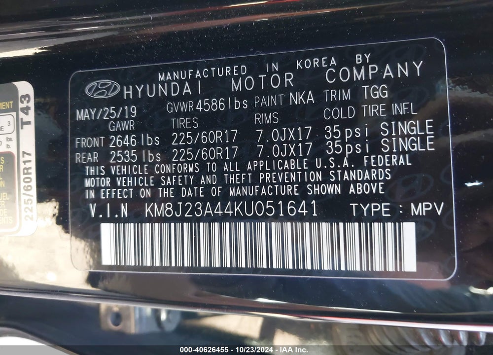 2019 HYUNDAI TUCSON SE VIN: KM8J23A44KU051641