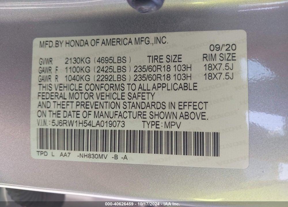 2020 HONDA CR-V 2WD EX VIN: 5J6RW1H54LA019073