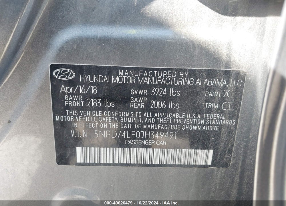 2018 HYUNDAI ELANTRA SE VIN: 5NPD74LF0JH349491