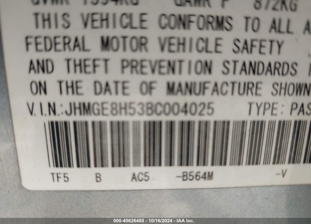 2011 HONDA FIT SPORT VIN: JHMGE8H53BC004025