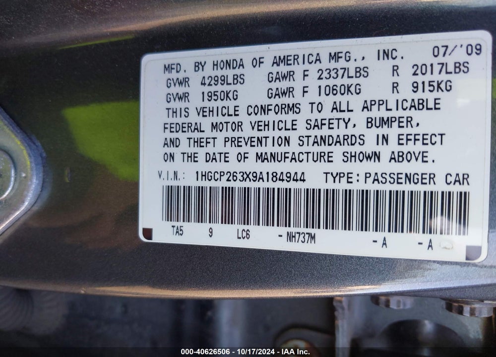 2009 HONDA ACCORD 2.4 LX VIN: 1HGCP263X9A184944