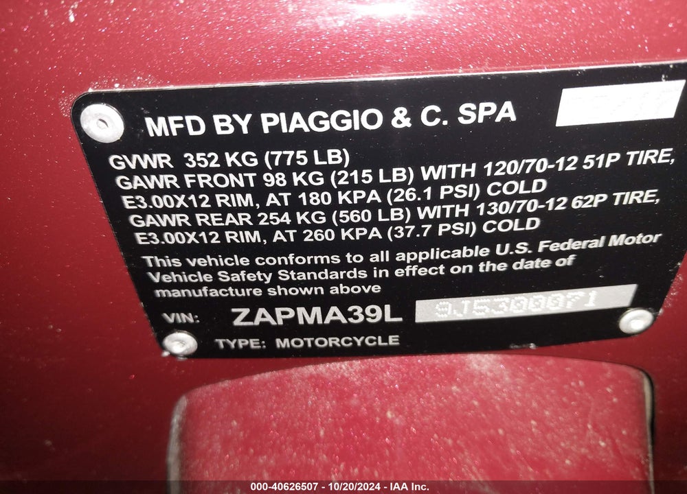 2018 VESPA GTS 300 SUPER 300 SUPER VIN: ZAPMA39L9J5300071
