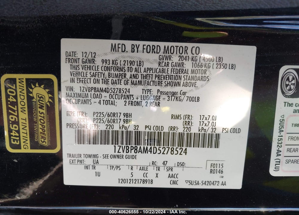 2013 FORD MUSTANG V6 VIN: 1ZVBP8AM4D5278524