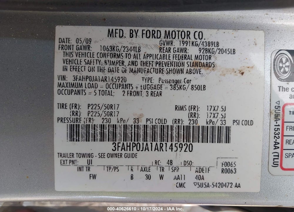 2010 FORD FUSION SEL VIN: 3FAHP0JA1AR145920