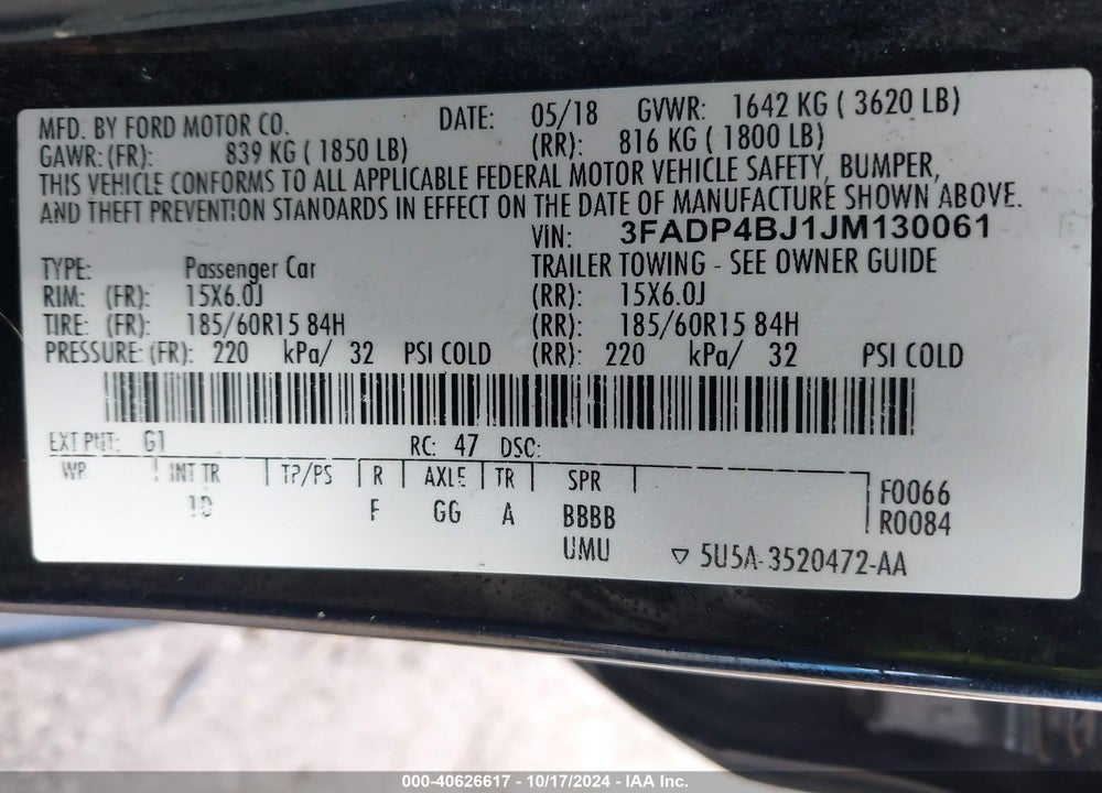 2018 FORD FIESTA VIN: 3FADP4BJ1JM130061